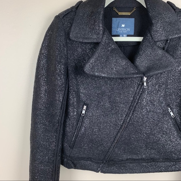 Gryphon New York Black Sparkle Wool Moto Jacket Womens M Biker Mod Punk - Picture 4 of 10